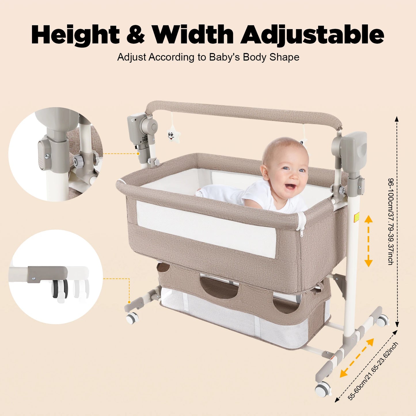 5 Gears Baby Rocking Bed Baby Crib Electric Bassinet W/ Mosquito Net Adjustable Height Nursery Bed Bluetooth Music 110V 44IBS