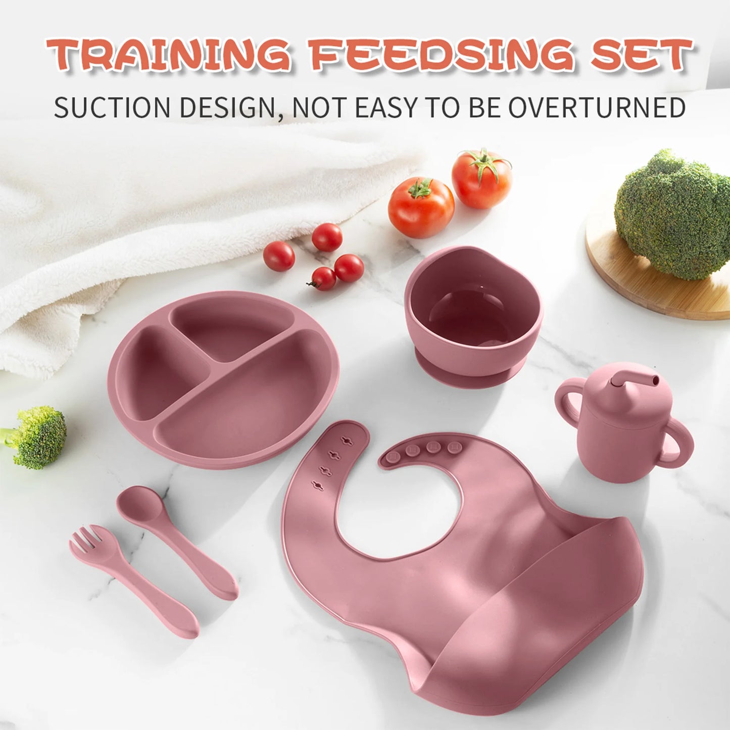 Silicone Baby Feeding Set Baby Led Weaning Supplies Strong Suction 3 Divided-Suction Plate Spoon Fork Bowl Water Cup Bib