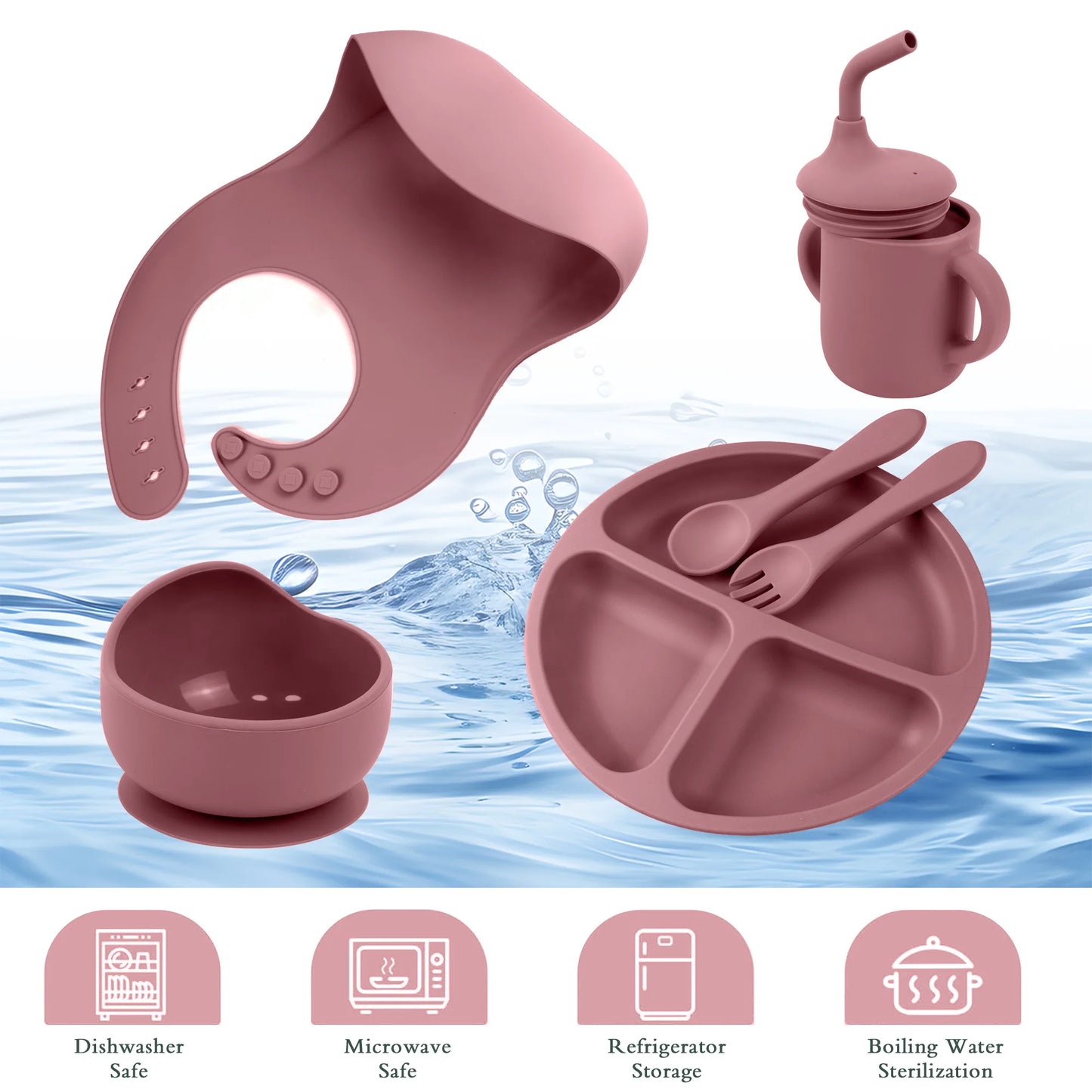 Silicone Baby Feeding Set Baby Led Weaning Supplies Strong Suction 3 Divided-Suction Plate Spoon Fork Bowl Water Cup Bib
