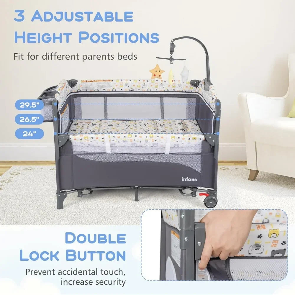 Pack and Play, 5 in 1 Baby Bedside Sleeper with Bassinet, Diaper Changer, Mattress, Carry Bag, Music Box Hanging Toys (Bear)