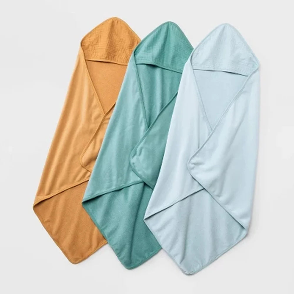 3pk Baby Muslin Hooded Towels Lightweight French Terry Absorbent Soft Waffle Hood Comfortable Neutral Colors Baby Gift Set