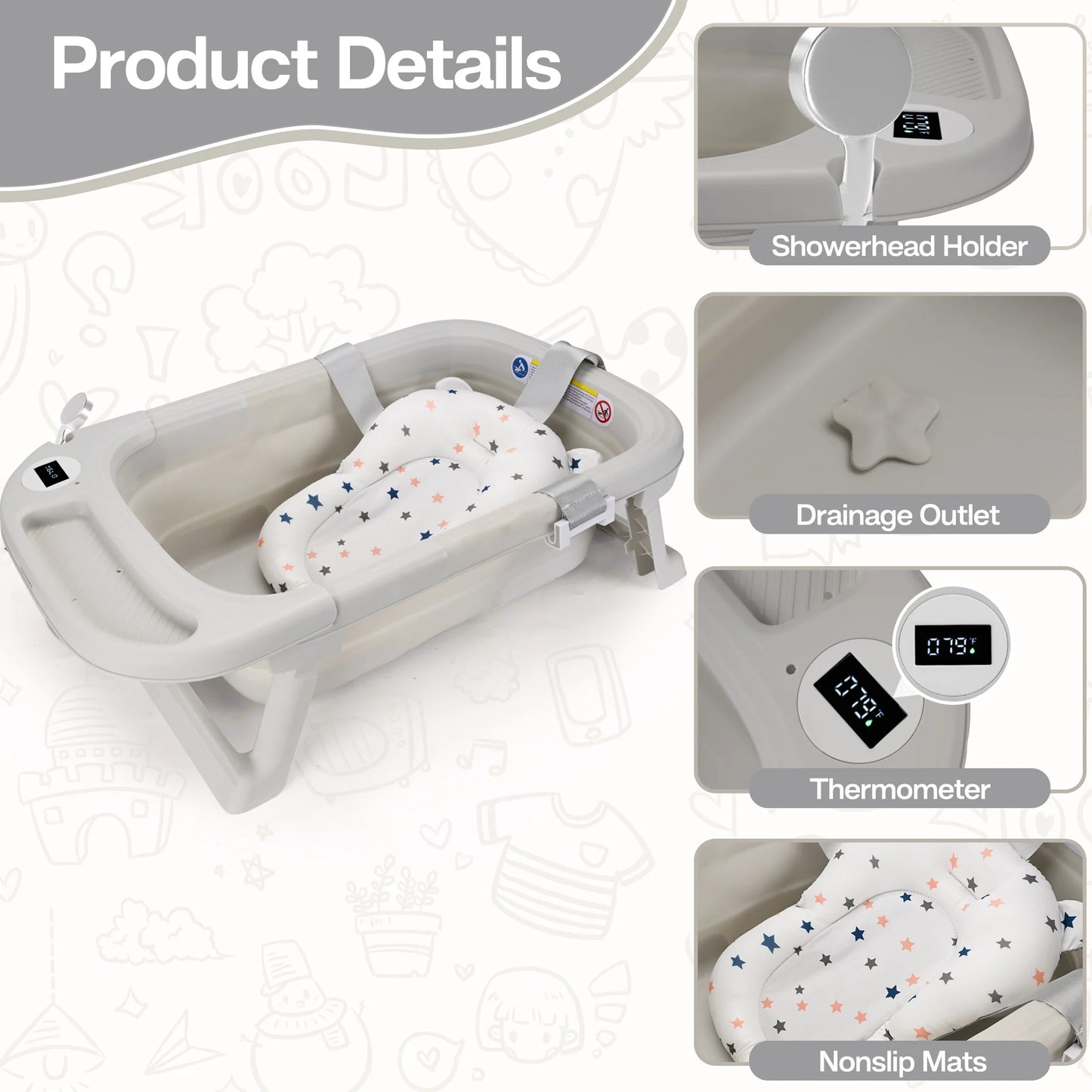 Baby Bathtub,Baby Bath Tub with Soft Cushion & Thermometer,Baby Bathtub Newborn to Toddler 0-36 Months,Portable Travel Baby Tub