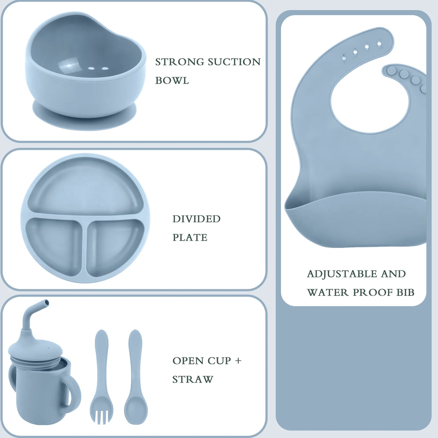 6 Pieces Silicone Baby Feeding Set Baby Plates and Bowls Set with Adjustable Bib Suction Bowl Suction Divided Plate Straw Cup