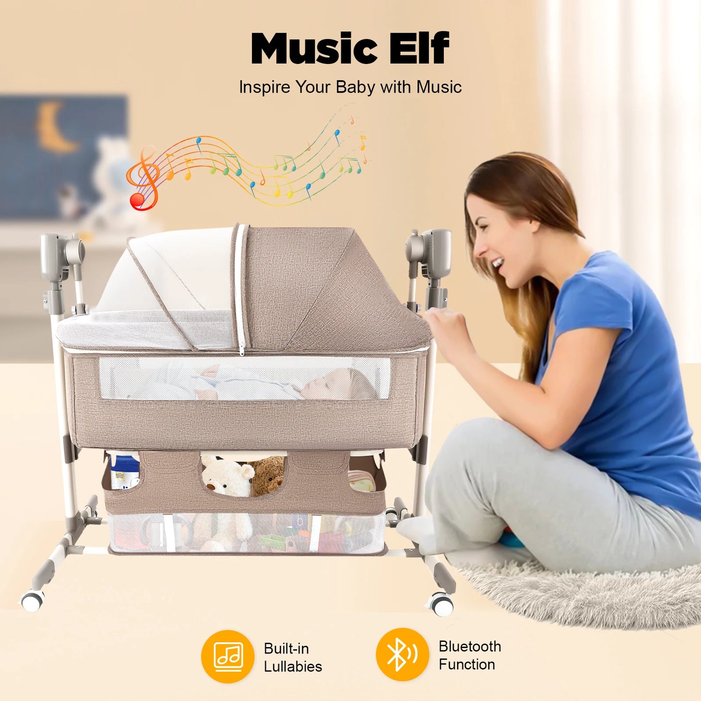 5 Gears Baby Rocking Bed Baby Crib Electric Bassinet W/ Mosquito Net Adjustable Height Nursery Bed Bluetooth Music 110V 44IBS