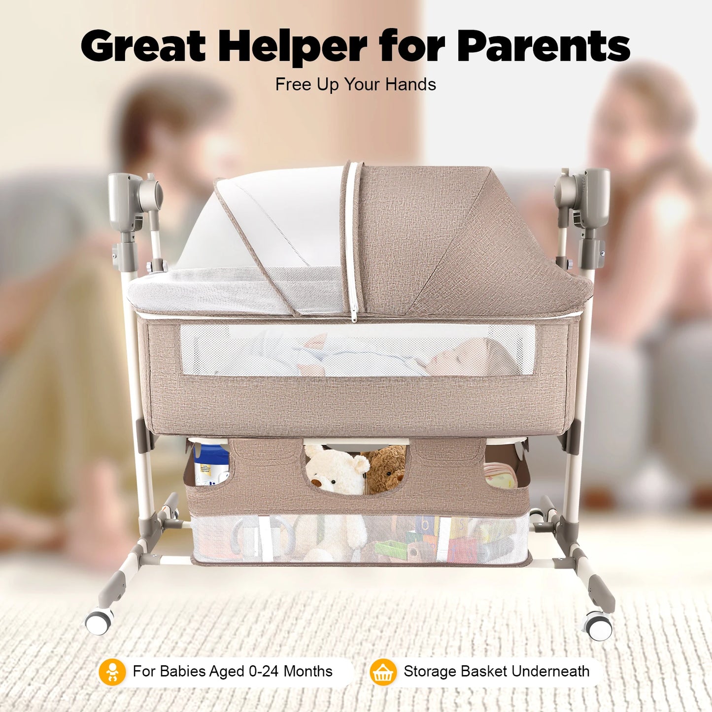 5 Gears Baby Rocking Bed Baby Crib Electric Bassinet W/ Mosquito Net Adjustable Height Nursery Bed Bluetooth Music 110V 44IBS