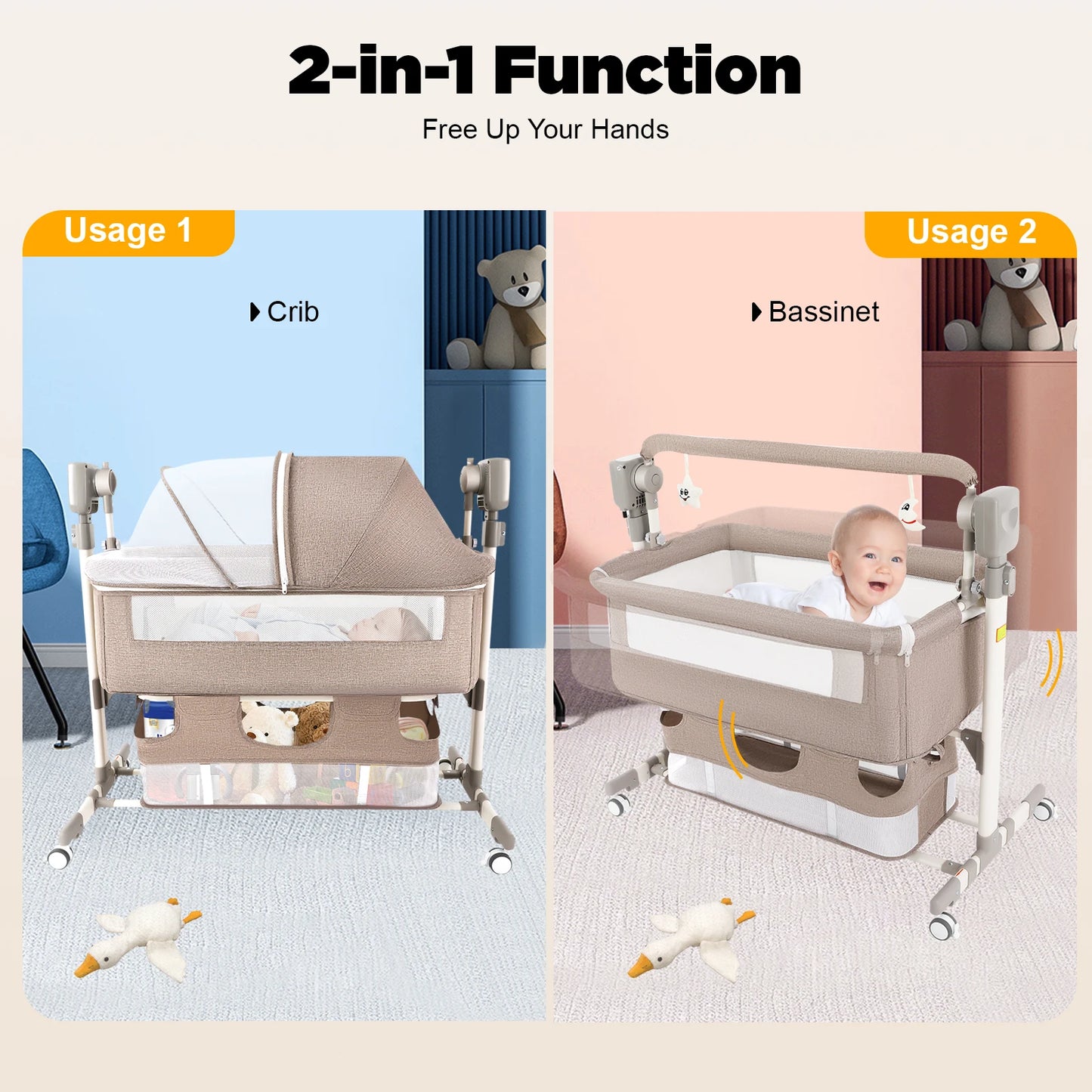 5 Gears Baby Rocking Bed Baby Crib Electric Bassinet W/ Mosquito Net Adjustable Height Nursery Bed Bluetooth Music 110V 44IBS