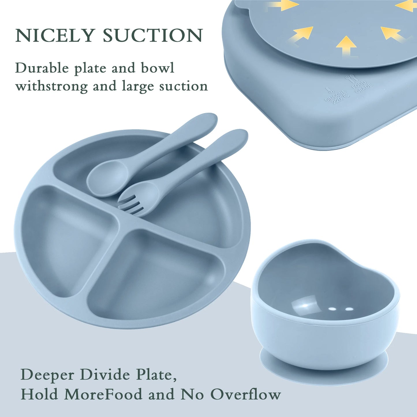 6 Pieces Silicone Baby Feeding Set Baby Plates and Bowls Set with Adjustable Bib Suction Bowl Suction Divided Plate Straw Cup