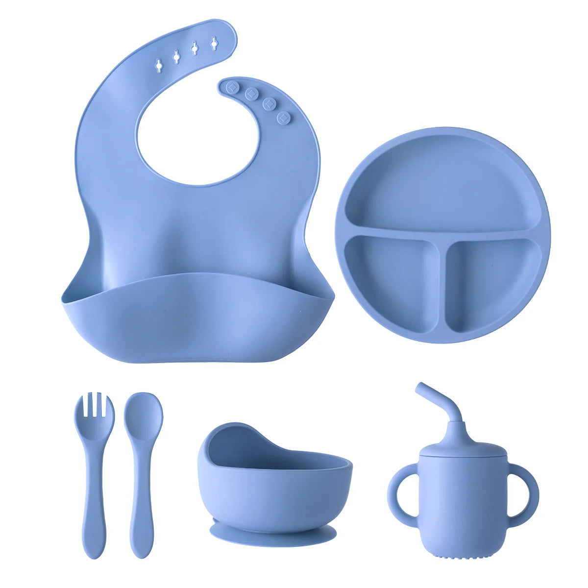 6 Pieces Silicone Baby Feeding Set Baby Plates and Bowls Set with Adjustable Bib Suction Bowl Suction Divided Plate Straw Cup