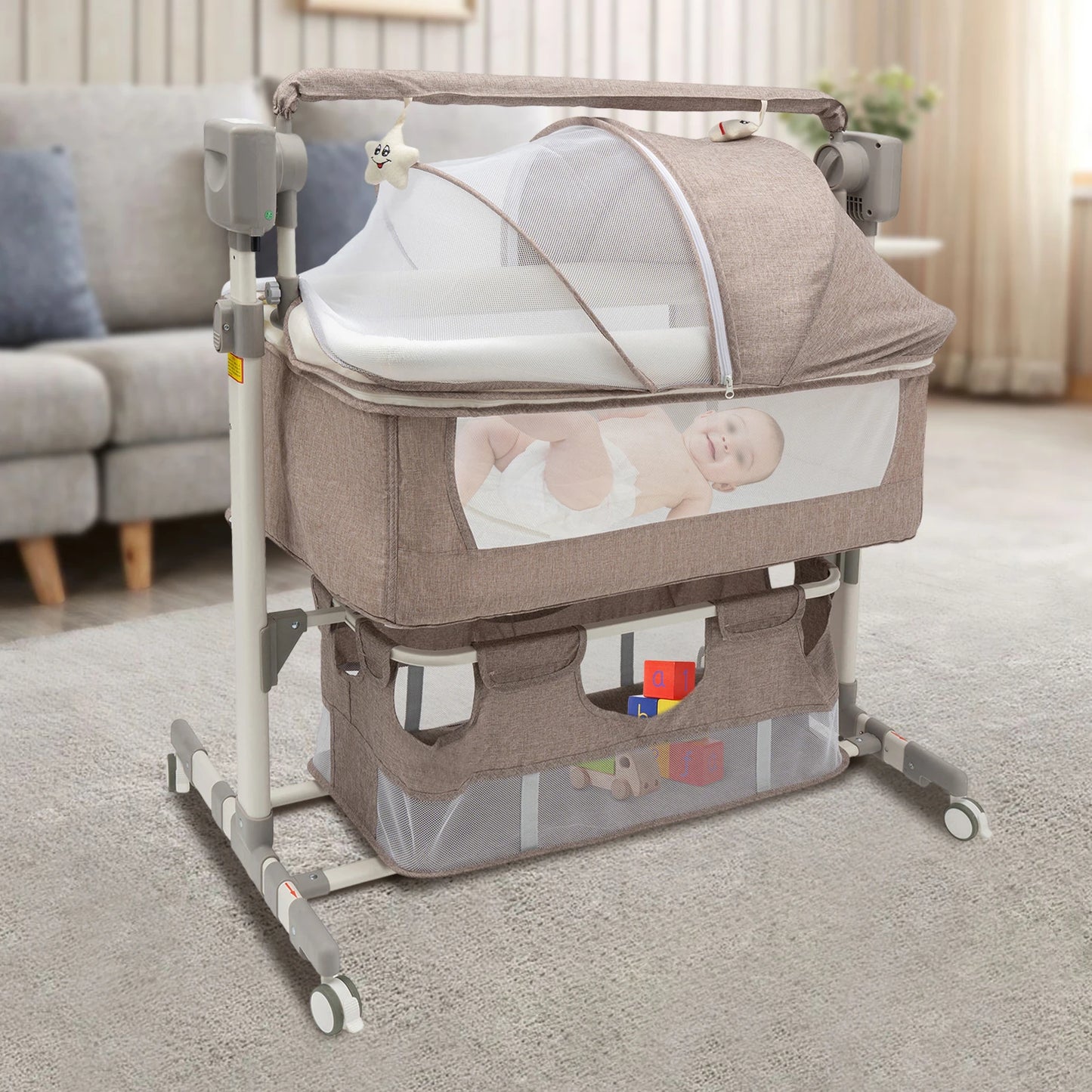 5 Gears Baby Rocking Bed Baby Crib Electric Bassinet W/ Mosquito Net Adjustable Height Nursery Bed Bluetooth Music 110V 44IBS