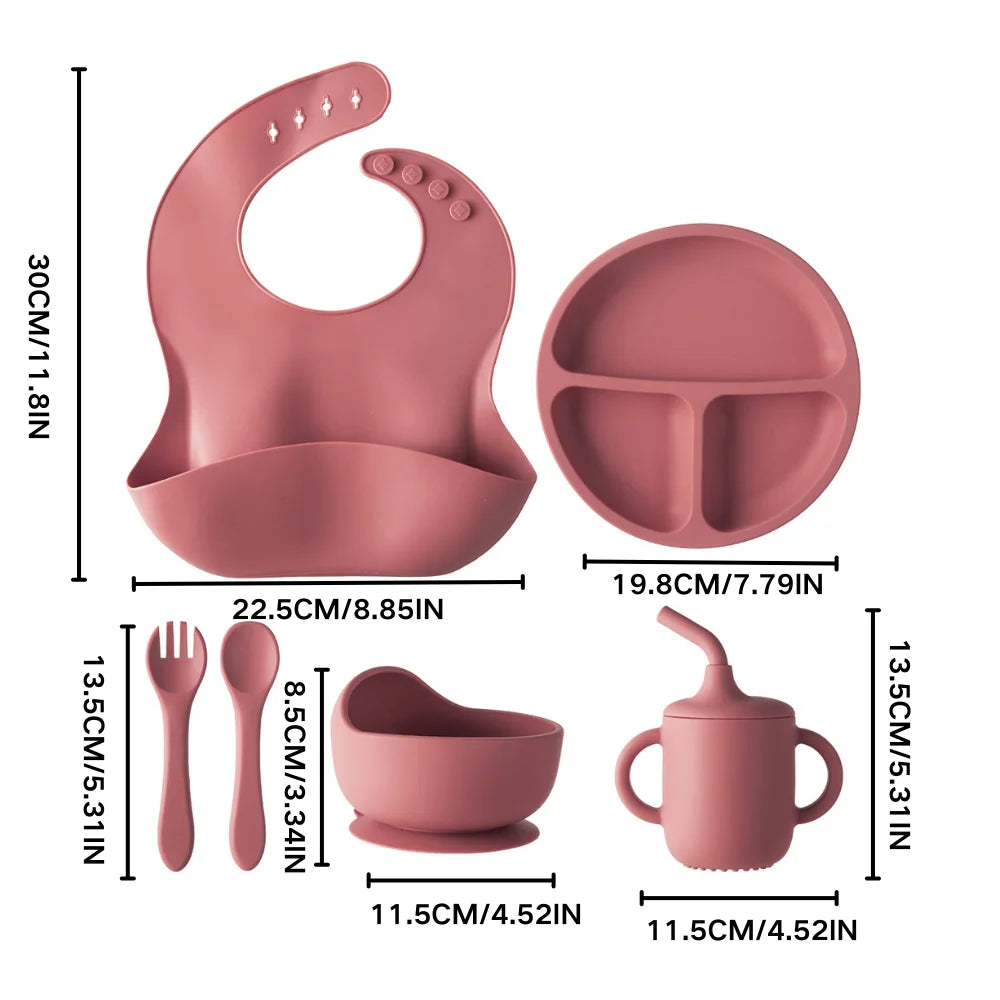 Silicone Baby Feeding Set Baby Led Weaning Supplies Strong Suction 3 Divided-Suction Plate Spoon Fork Bowl Water Cup Bib