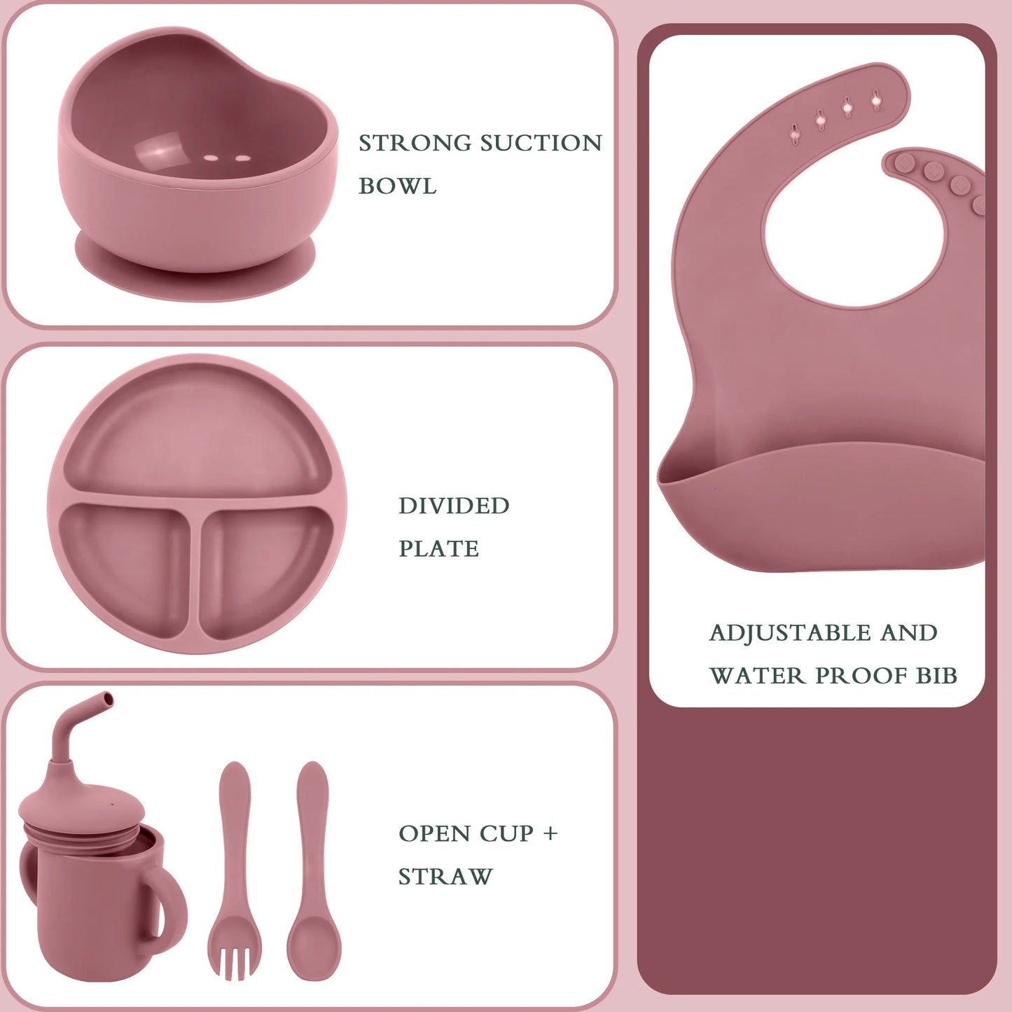 Silicone Baby Feeding Set Baby Led Weaning Supplies Strong Suction 3 Divided-Suction Plate Spoon Fork Bowl Water Cup Bib