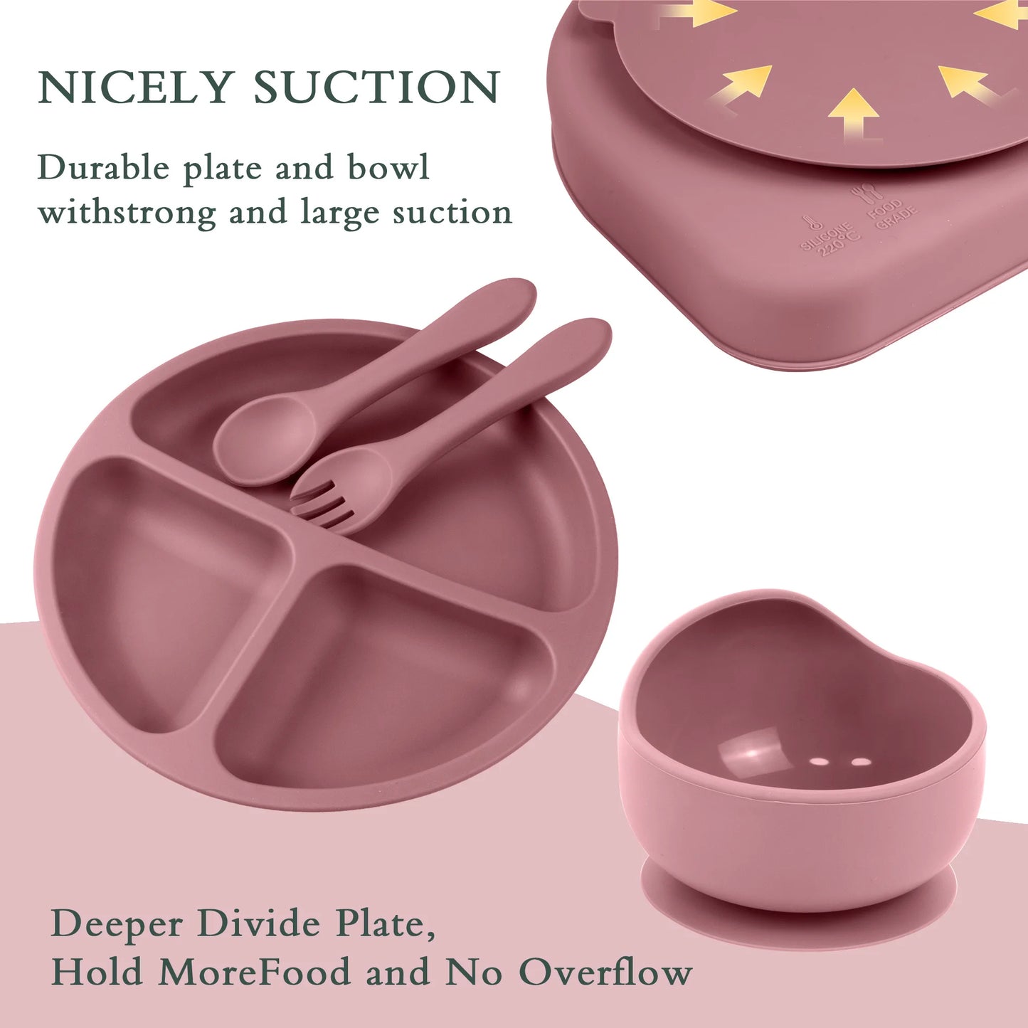 Silicone Baby Feeding Set Baby Led Weaning Supplies Strong Suction 3 Divided-Suction Plate Spoon Fork Bowl Water Cup Bib
