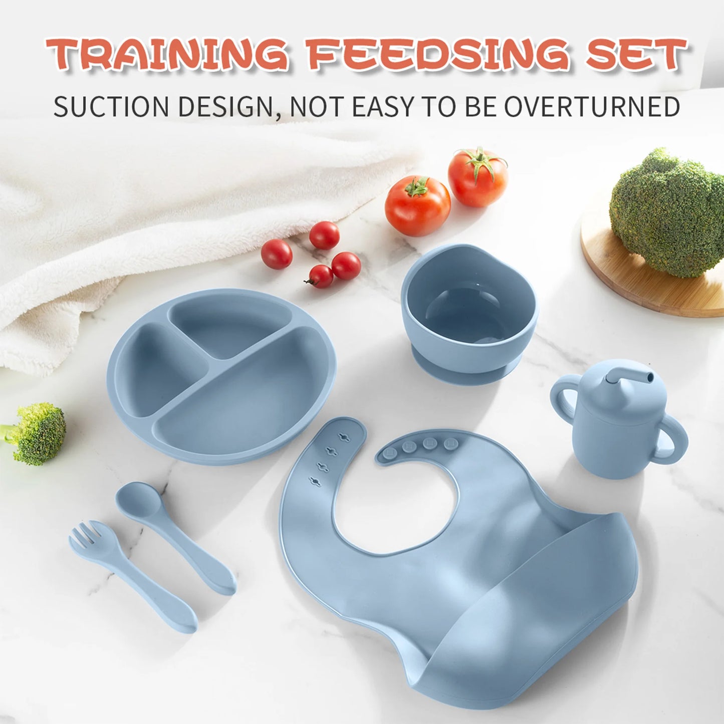 6 Pieces Silicone Baby Feeding Set Baby Plates and Bowls Set with Adjustable Bib Suction Bowl Suction Divided Plate Straw Cup