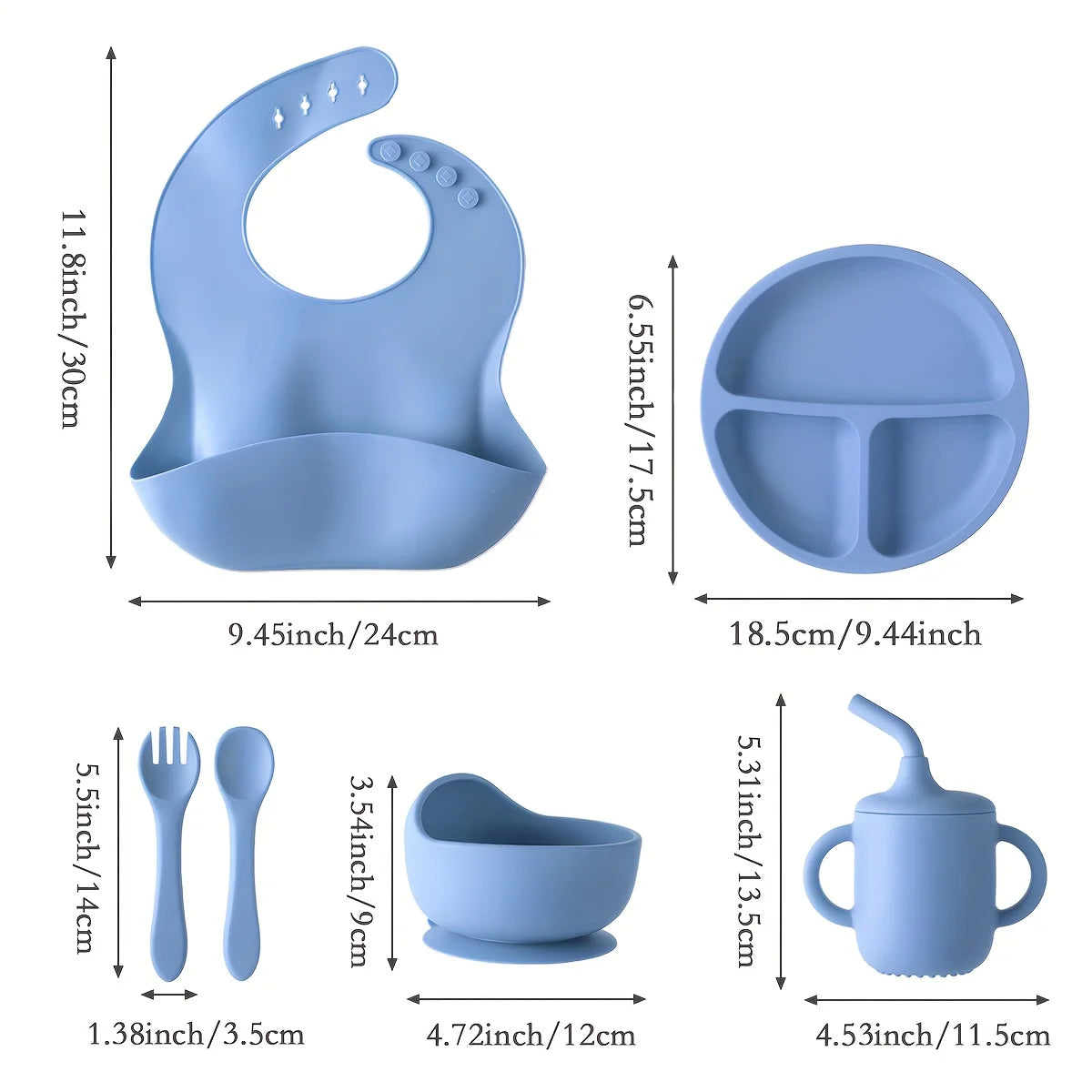 6 Pieces Silicone Baby Feeding Set Baby Plates and Bowls Set with Adjustable Bib Suction Bowl Suction Divided Plate Straw Cup