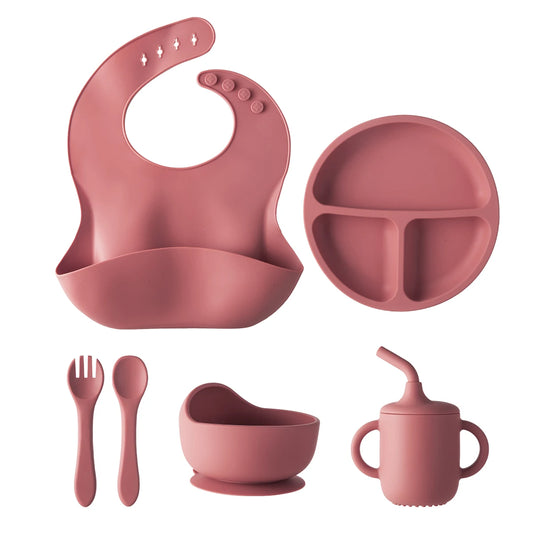 Silicone Baby Feeding Set Baby Led Weaning Supplies Strong Suction 3 Divided-Suction Plate Spoon Fork Bowl Water Cup Bib