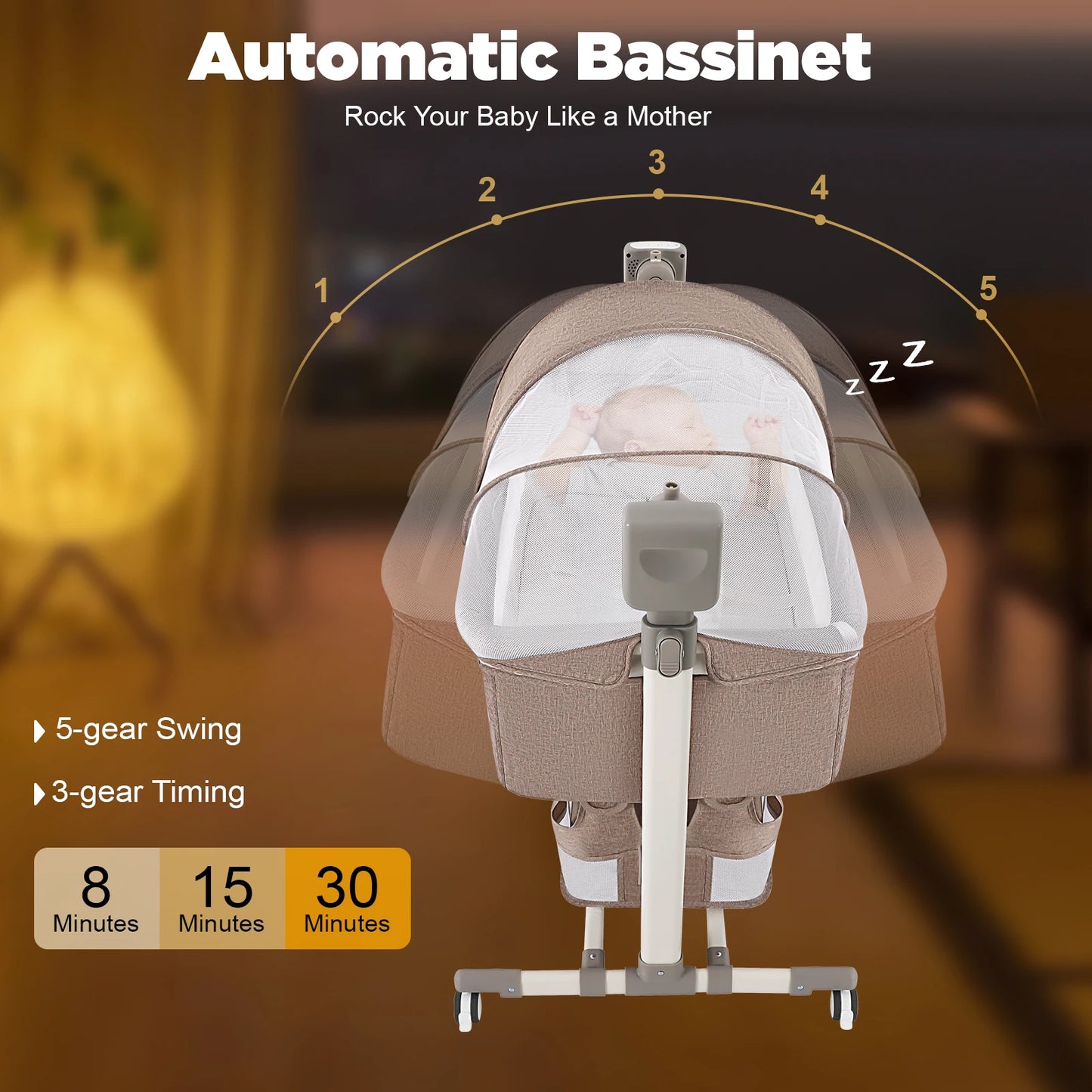 5 Gears Baby Rocking Bed Baby Crib Electric Bassinet W/ Mosquito Net Adjustable Height Nursery Bed Bluetooth Music 110V 44IBS