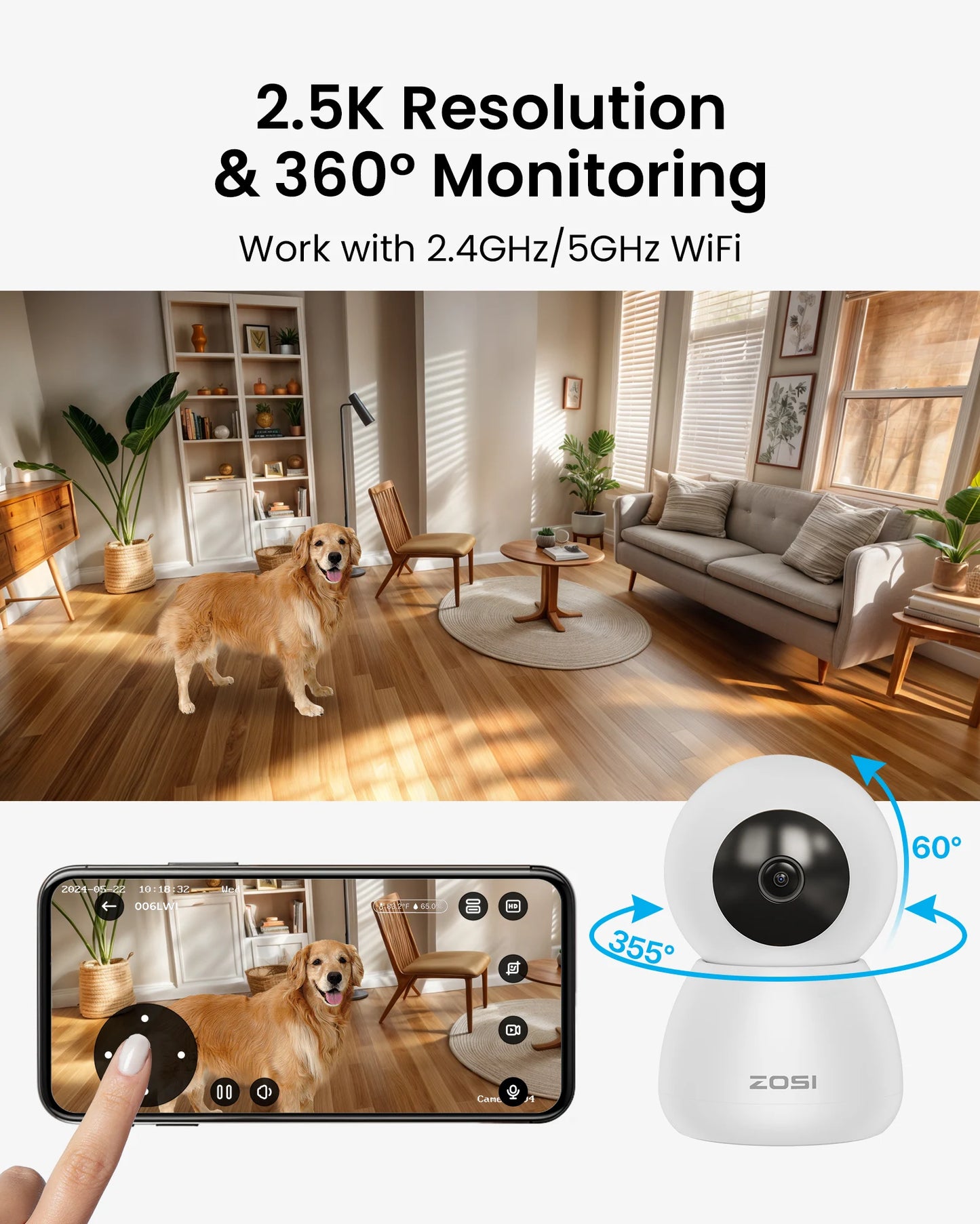 ZOSI C516 2.5K Pan/Tilt Wireless Security Indoor Camera 4MP Smart Baby Pet Monitor Auto Track 2.4/5GHz WiFi Surveillance Camera