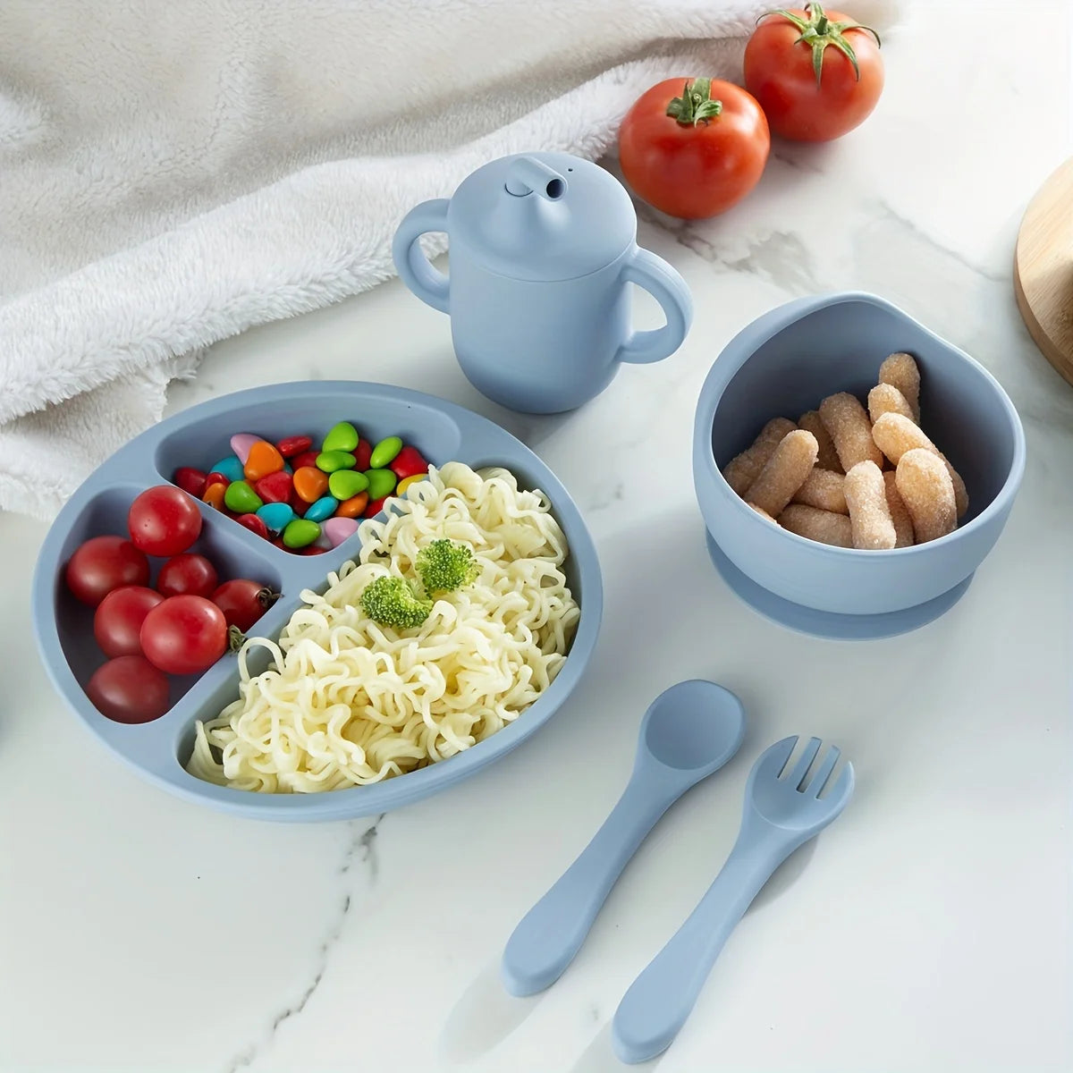 6 Pieces Silicone Baby Feeding Set Baby Plates and Bowls Set with Adjustable Bib Suction Bowl Suction Divided Plate Straw Cup